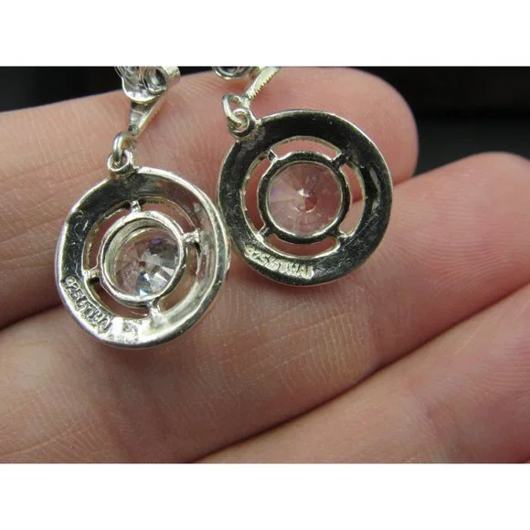 Sterling Silver Round CZ And Marcasite Accent Dangle Earrings Vintage Wedding - Picture 4 of 6